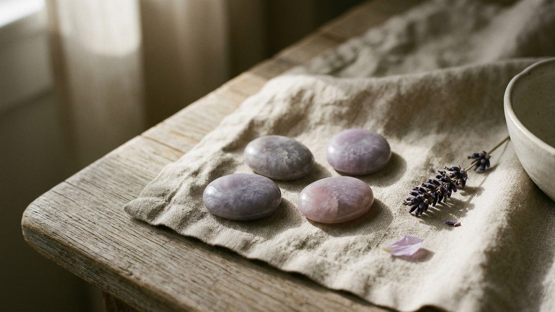 Lavender jade meaning — soft lilac lavender jade stones on linen in natural light, a calm and gentle jade