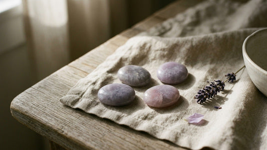 Lavender jade meaning — soft lilac lavender jade stones on linen in natural light, a calm and gentle jade