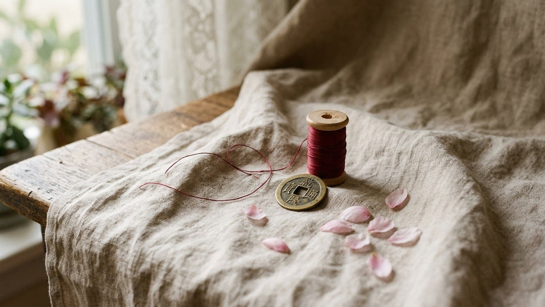 Good luck bracelet symbols — red silk thread, an old coin, and peach blossom petals on linen, the materials of good fortune