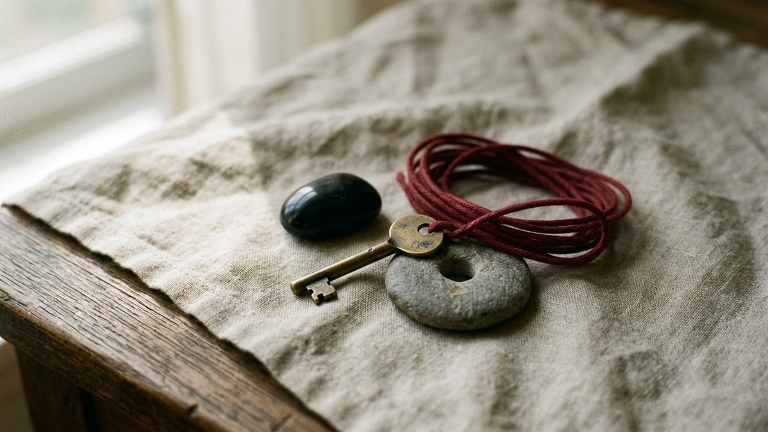 Objects kept for safekeeping — a red cord, a dark obsidian pebble, a stone peace-buckle disc and a worn brass key on linen
