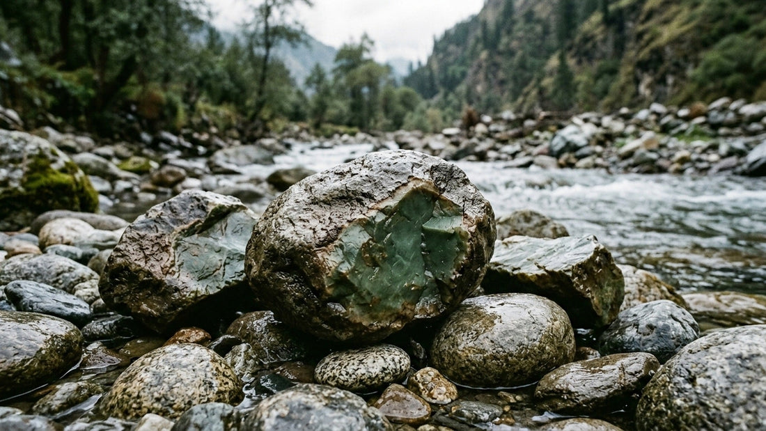 Raw uncut jade boulder with weathered skin split to reveal green jade inside, on river stones by a mountain stream — what jade looks like in nature