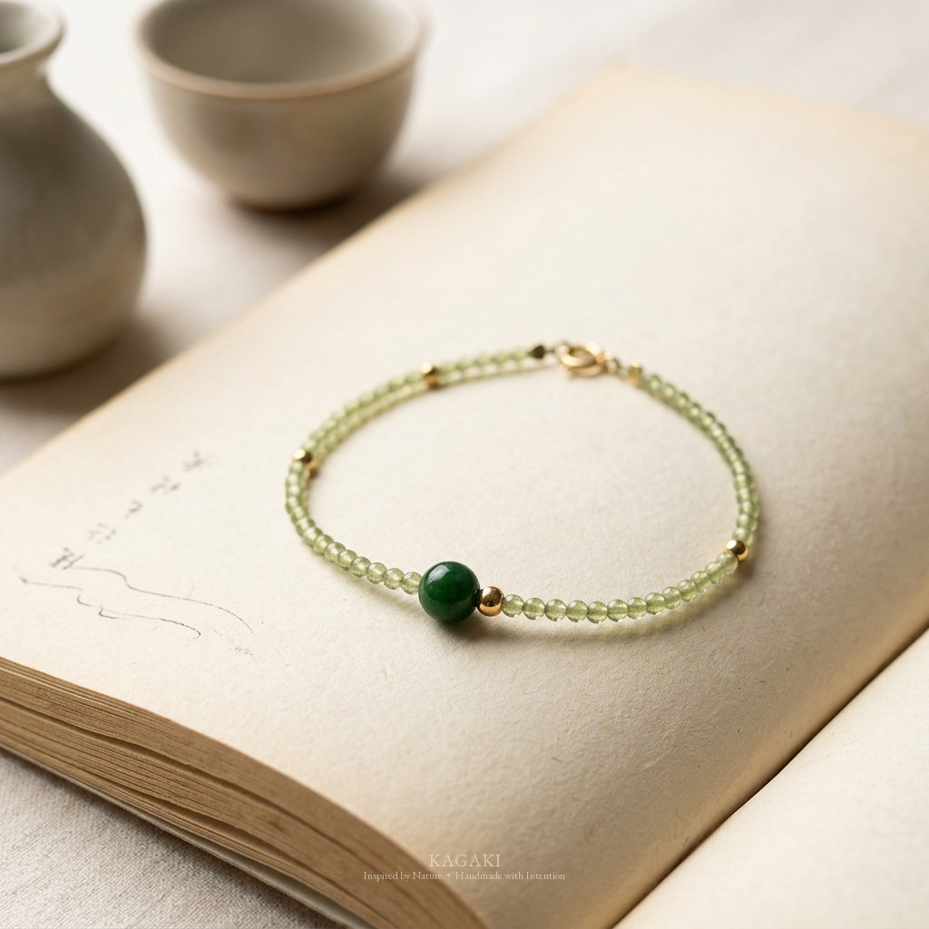 KAGAKI green jade crystal bracelet with dark green jade focal bead and gold spacers — flat lay editorial view.