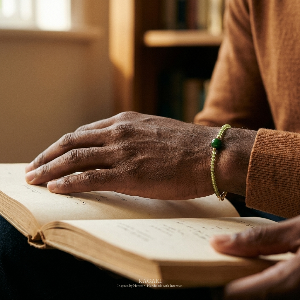 KAGAKI green jade crystal bracelet with dark green jade focal bead and gold spacers — lifestyle, hand on book editorial view.