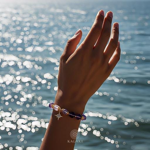 KAGAKI amethyst clear quartz star bracelet in amethyst purple and white quartz, alternate angle, for meditation and daily intention