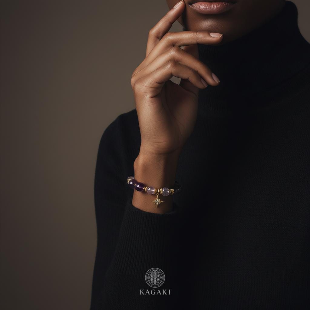 KAGAKI amethyst clear quartz star bracelet in amethyst purple and white quartz, bead detail, for meditation and daily intention