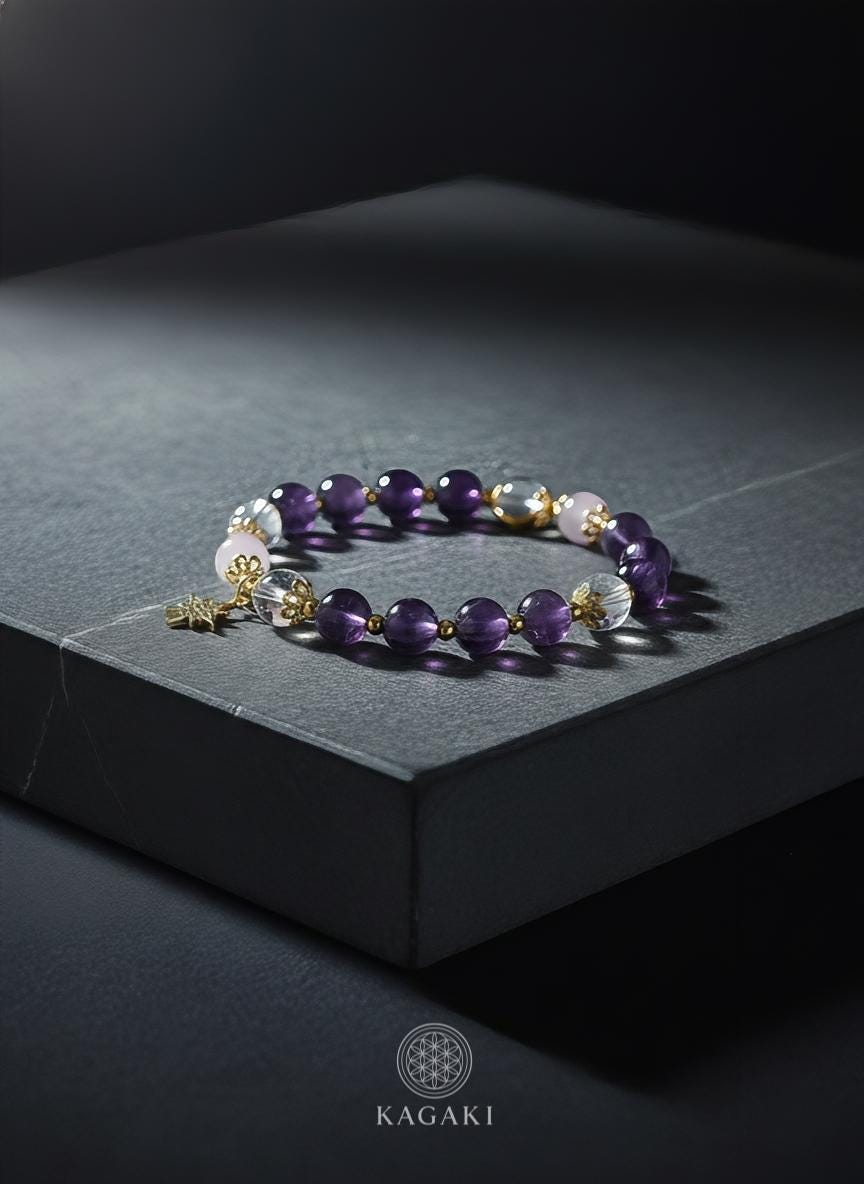 KAGAKI amethyst clear quartz star bracelet in amethyst purple and white quartz, gift packaging, for meditation and daily intention