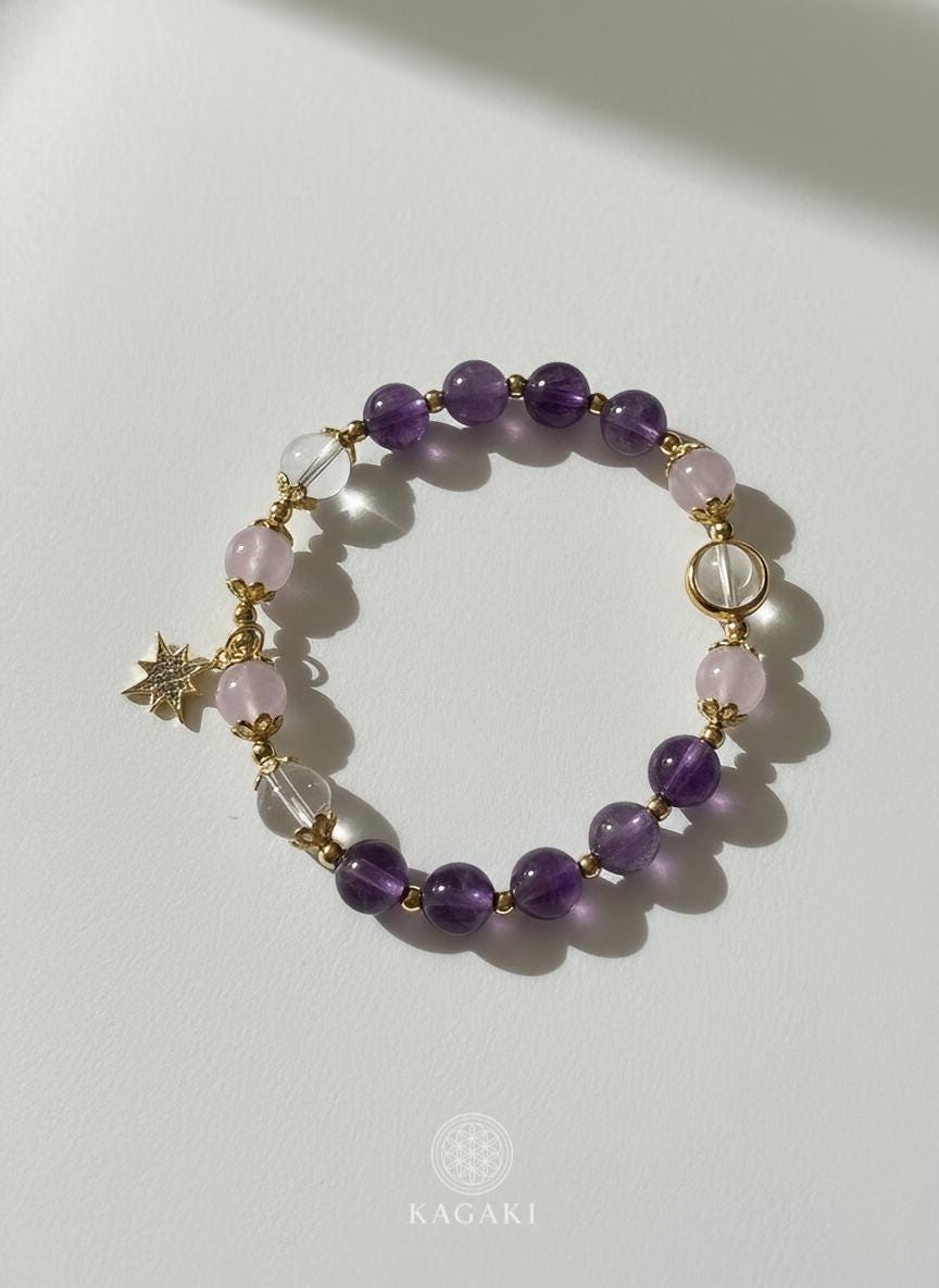 KAGAKI amethyst clear quartz star bracelet in amethyst purple and white quartz, on wrist, for meditation and daily intention