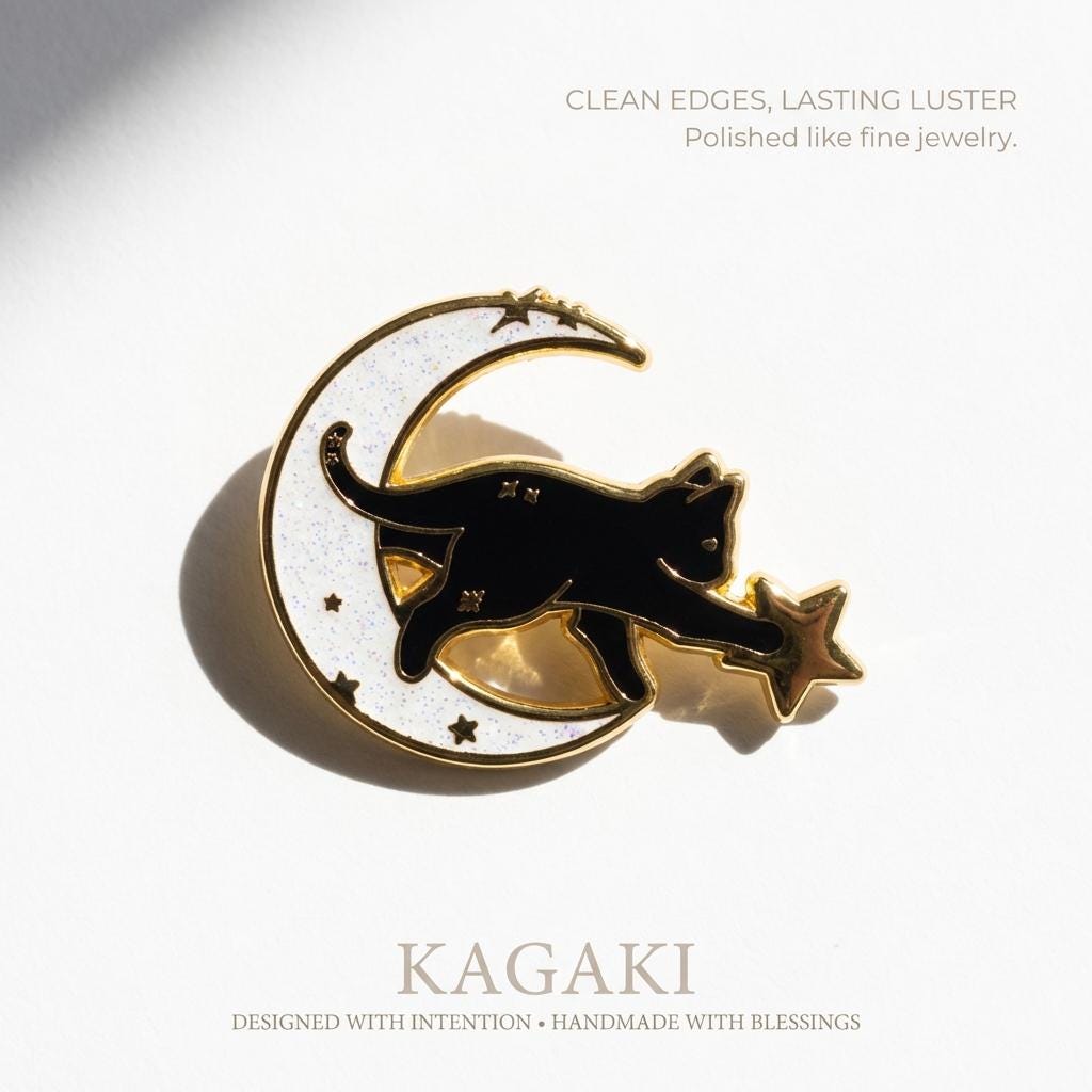 KAGAKI black cat moon enamel pin in black with celestial gold, alternate angle, for daily wear and gifting