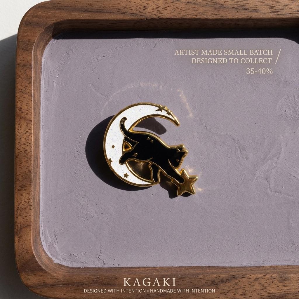 KAGAKI black cat moon enamel pin in black with celestial gold, back clasp, for daily wear and gifting