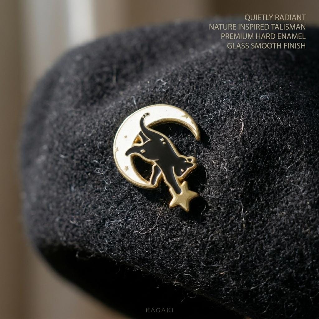 KAGAKI black cat moon enamel pin in black with celestial gold, close up, for daily wear and gifting