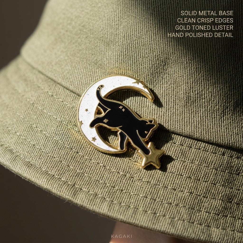 KAGAKI black cat moon enamel pin in black with celestial gold, detail, for daily wear and gifting