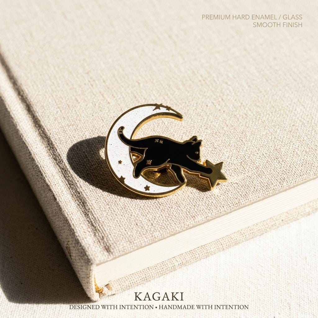 KAGAKI black cat moon enamel pin in black with celestial gold, editorial, for daily wear and gifting