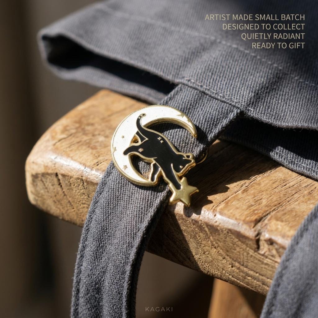 KAGAKI black cat moon enamel pin in black with celestial gold, flat lay, for daily wear and gifting