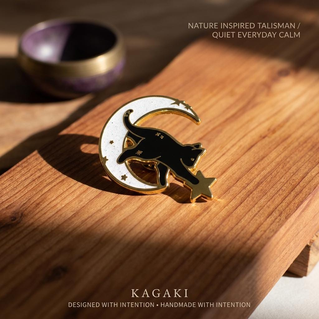KAGAKI black cat moon enamel pin in black with celestial gold, gift packaging, for daily wear and gifting