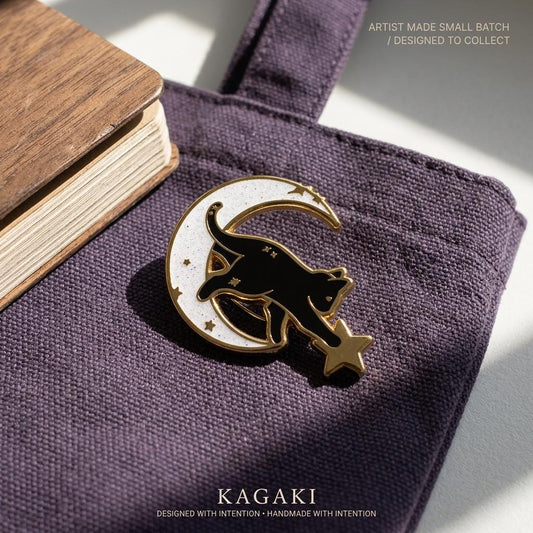 KAGAKI black cat moon enamel pin in black with celestial gold, main, for daily wear and gifting