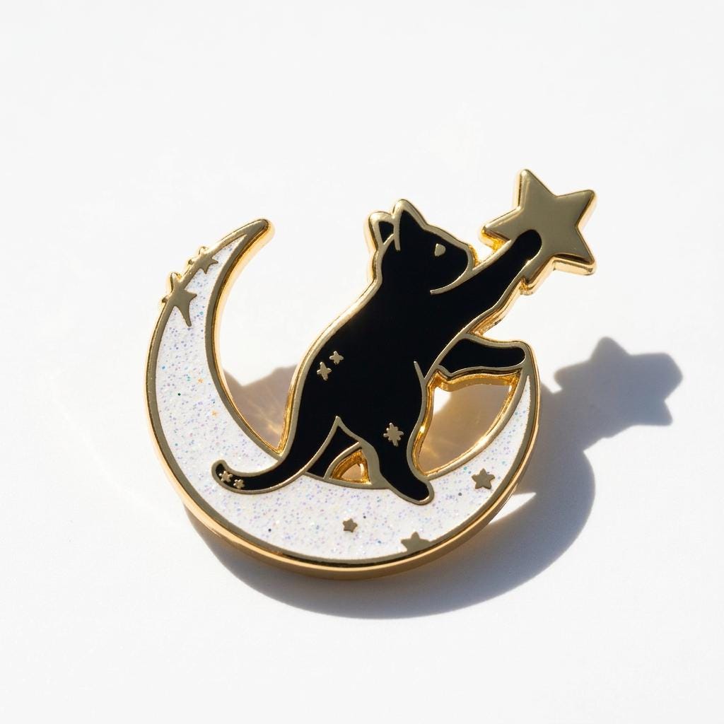 KAGAKI black cat moon enamel pin in black with celestial gold, on jacket, for daily wear and gifting