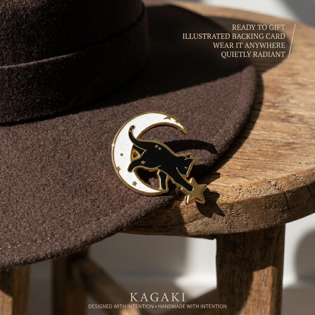 KAGAKI black cat moon enamel pin in black with celestial gold, styling, for daily wear and gifting