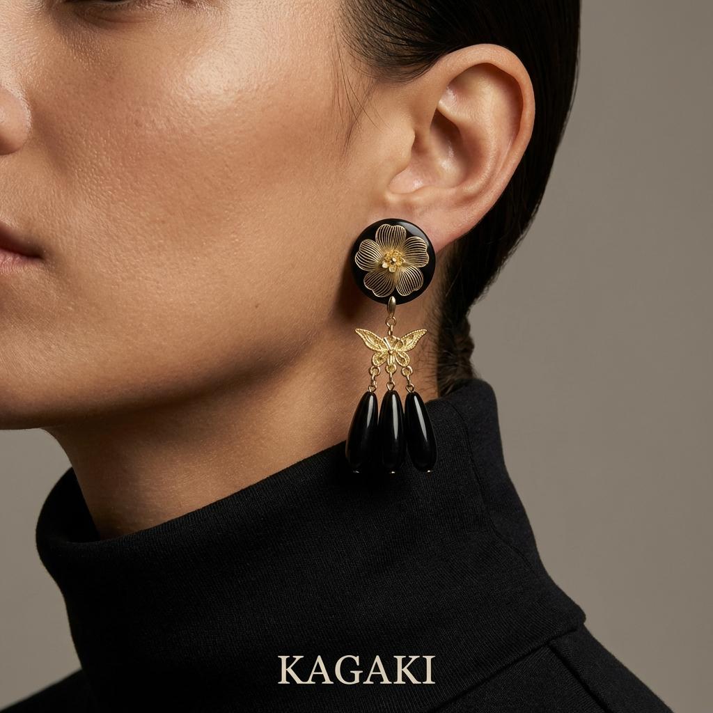 KAGAKI black gold floral butterfly earrings in black and gold, alternate angle, for daily wear and gifting