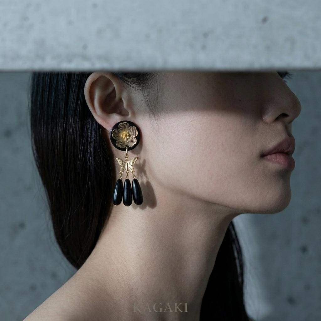 KAGAKI black gold floral butterfly earrings in black and gold, gift packaging, for daily wear and gifting