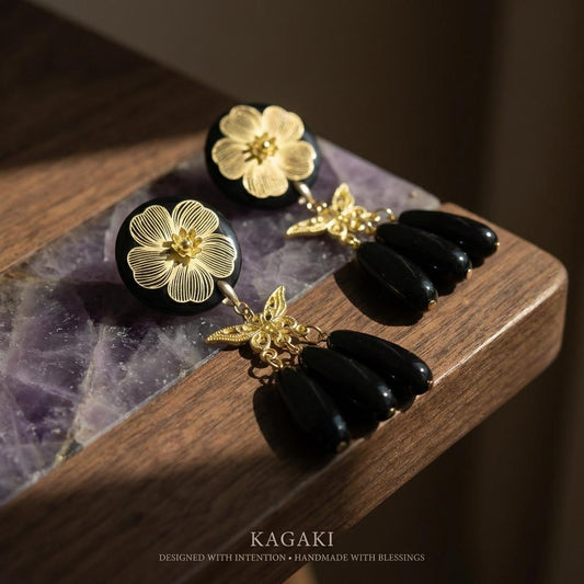 KAGAKI black gold floral butterfly earrings in black and gold, main, for daily wear and gifting