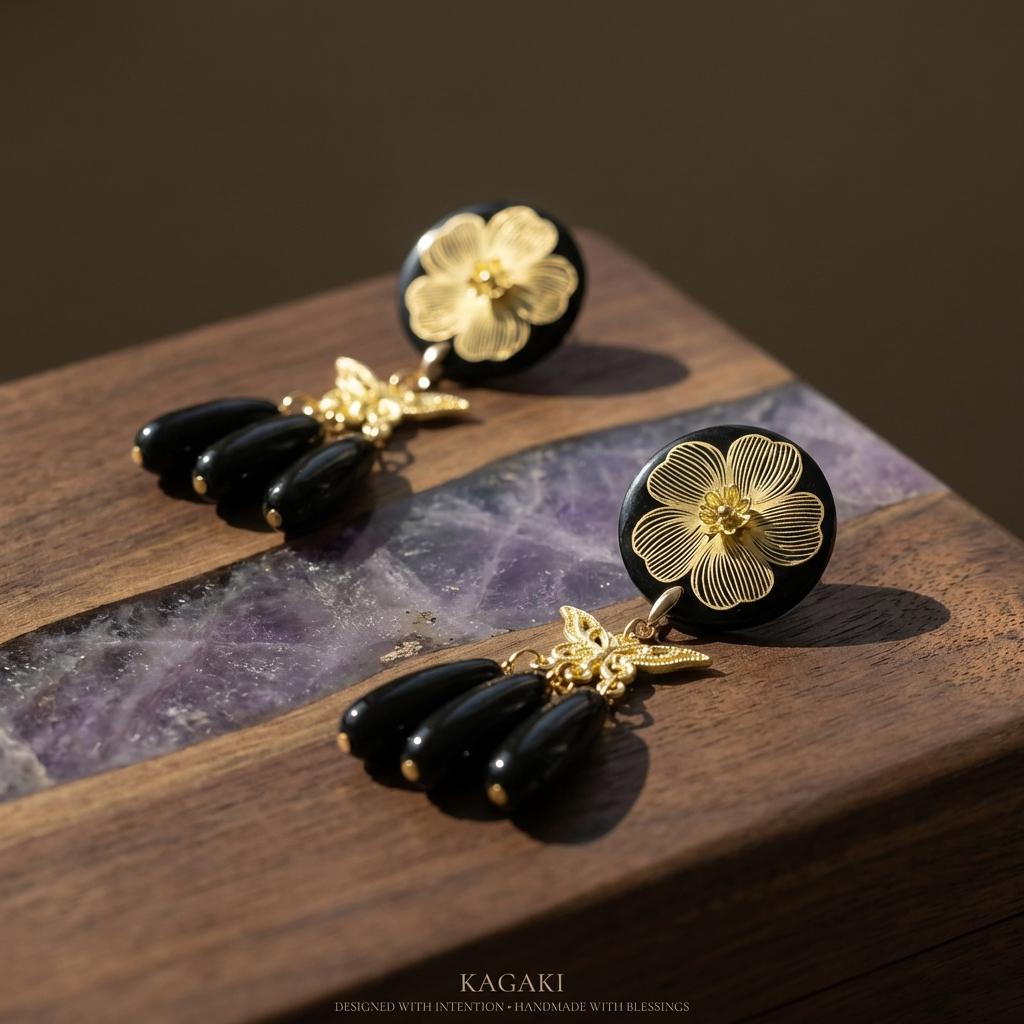 KAGAKI black gold floral butterfly earrings in black and gold, material detail, for daily wear and gifting