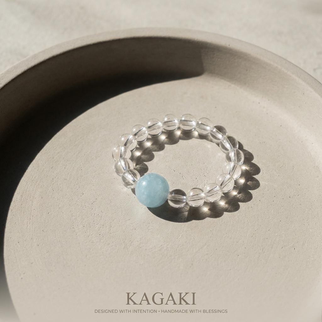 KAGAKI blue crystal quartz beaded ring in blue crystal beaded, on finger, for daily wear and gifting