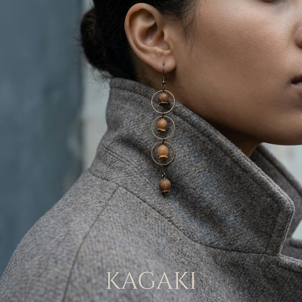 KAGAKI botanical dried fruit shell earrings in natural earth tones, alternate angle, for daily wear and gifting