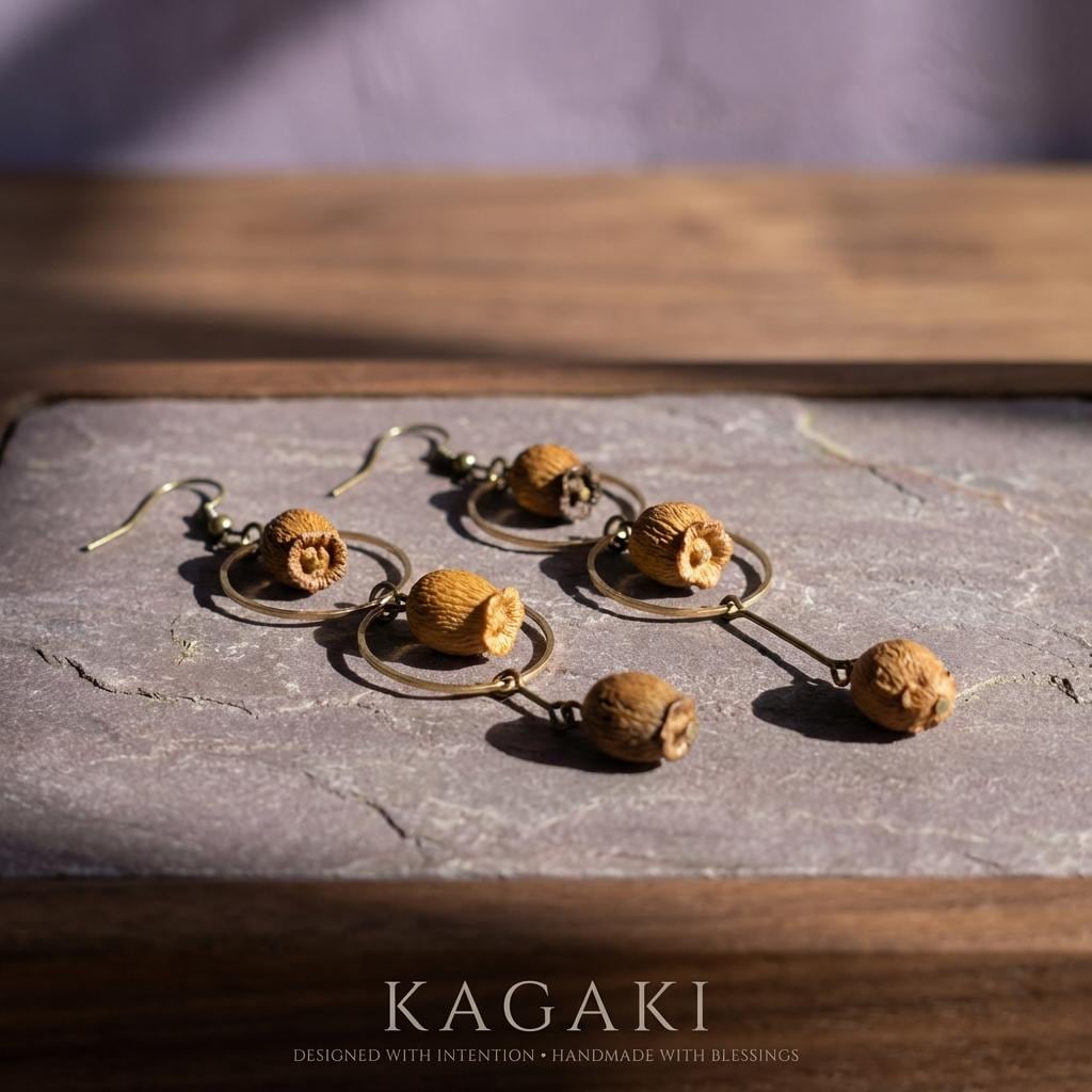 KAGAKI botanical dried fruit shell earrings in natural earth tones, material detail, for daily wear and gifting