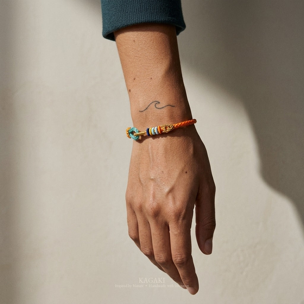 KAGAKI handmade adjustable braided cord bracelet base — Canvas – 描 — Amber Canvas — on-wrist-luxury-supplemental (15/24)