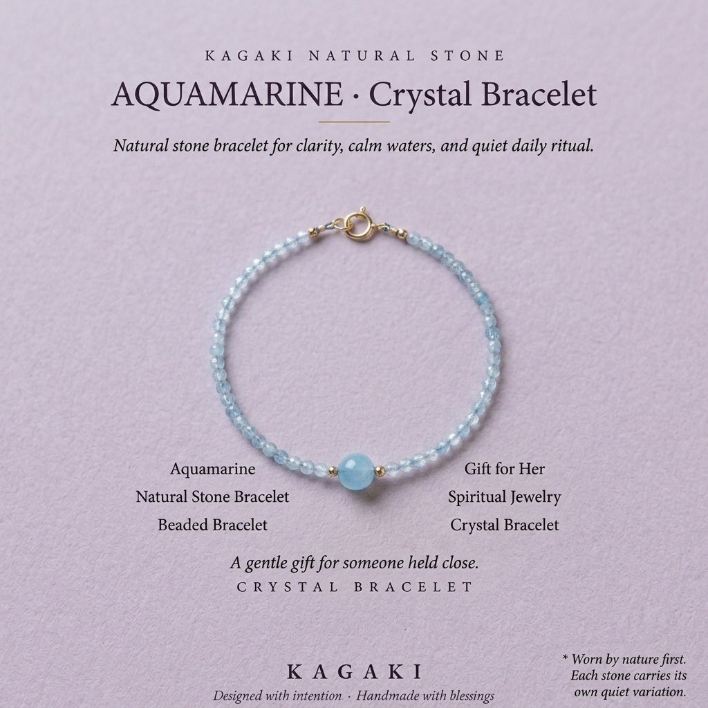 KAGAKI Brook aquamarine 14k gold bead bracelet, editorial text card, handmade aquamarine gold bracelet