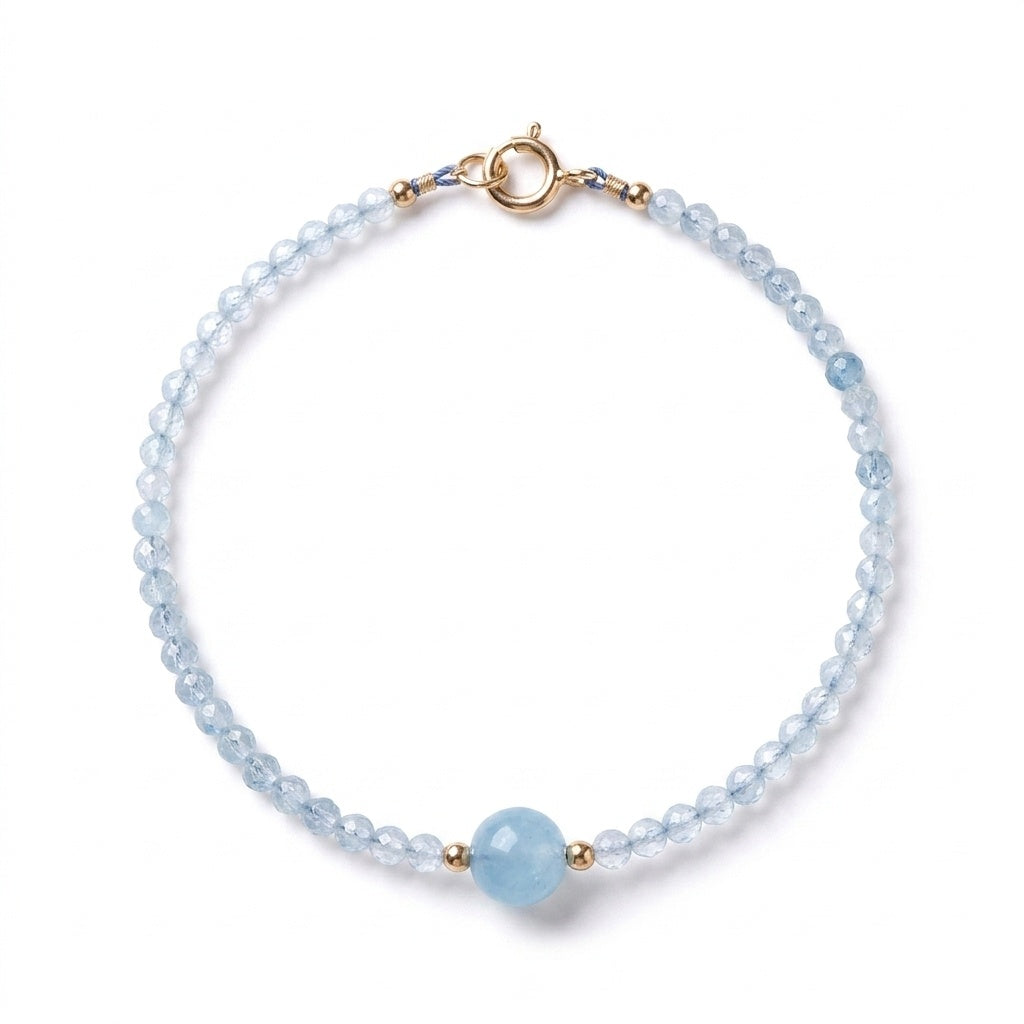 KAGAKI Brook aquamarine 14k gold bead bracelet, white background product view, handmade aquamarine gold bracelet