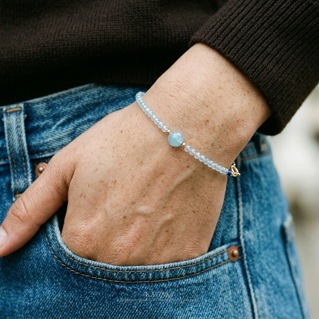 KAGAKI Brook aquamarine 14k gold bead bracelet, worn view, handmade aquamarine gold bracelet