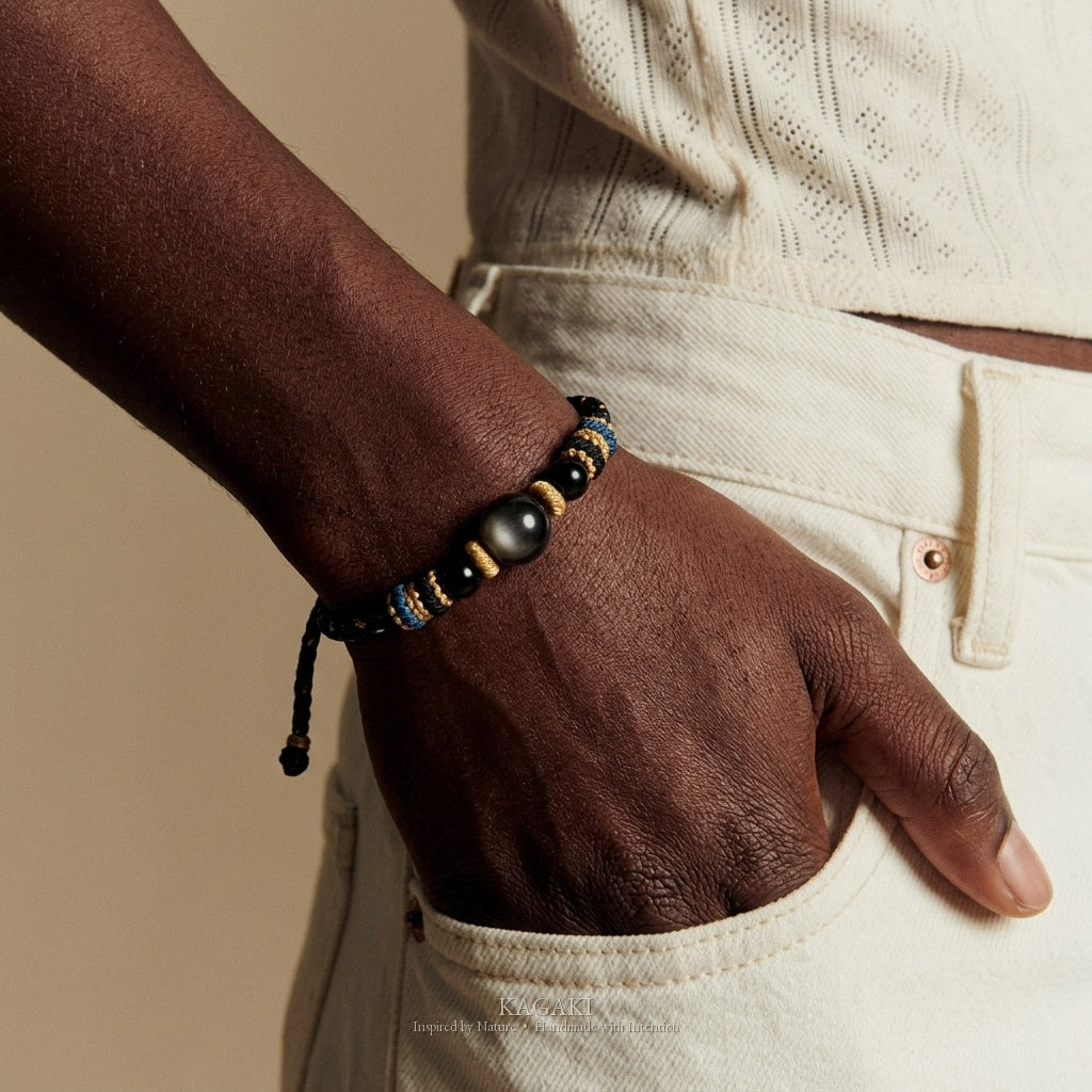 KAGAKI Ink black obsidian braided cord bracelet, worn on wrist, handmade black obsidian bracelet