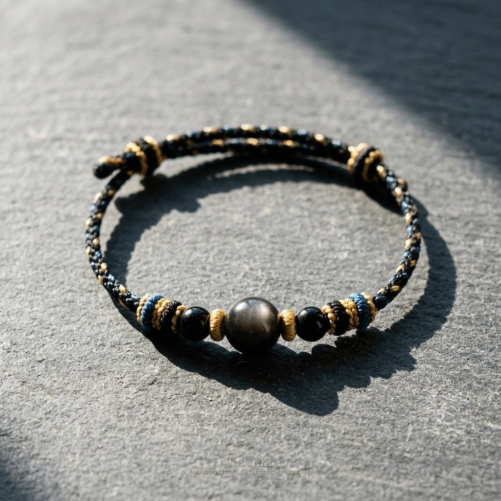 KAGAKI Ink black obsidian braided cord bracelet, studio styled view, handmade black obsidian bracelet