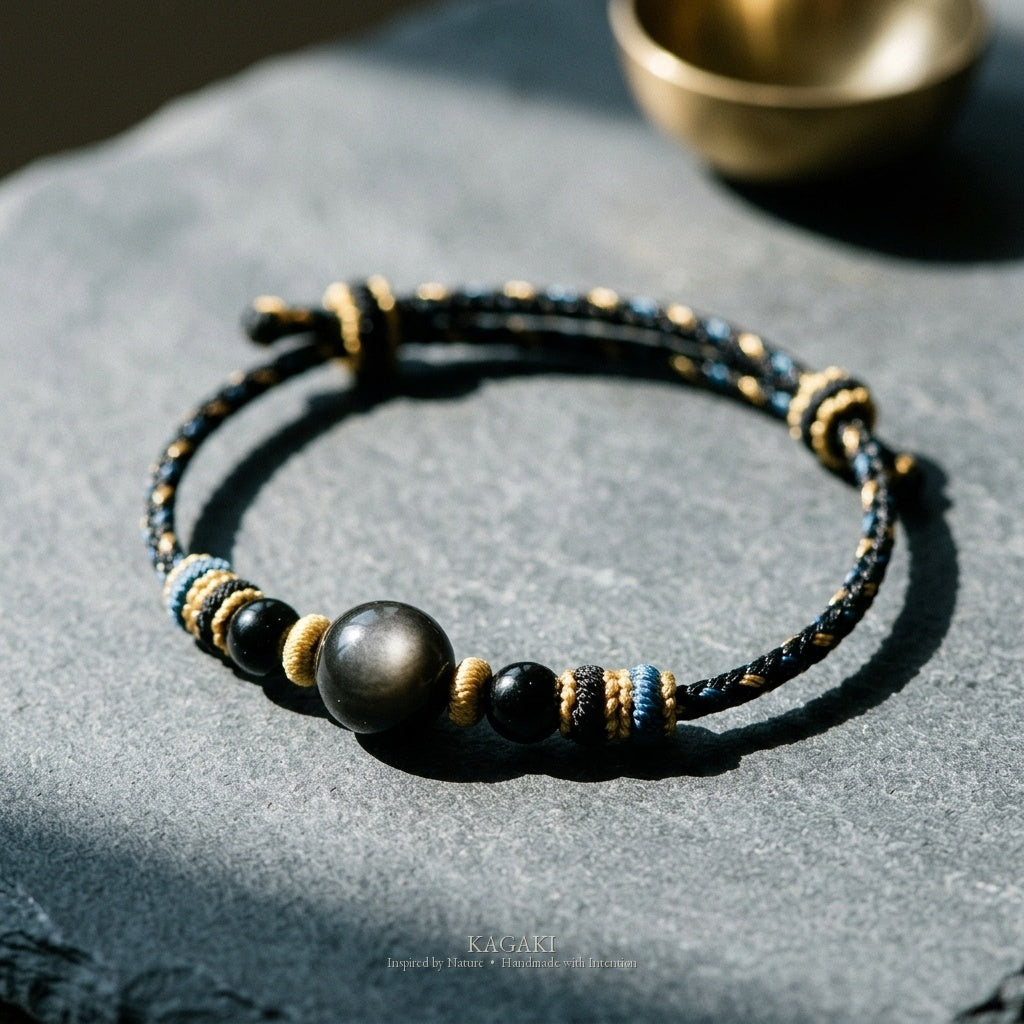 KAGAKI Ink black obsidian braided cord bracelet, studio styled view, handmade black obsidian bracelet