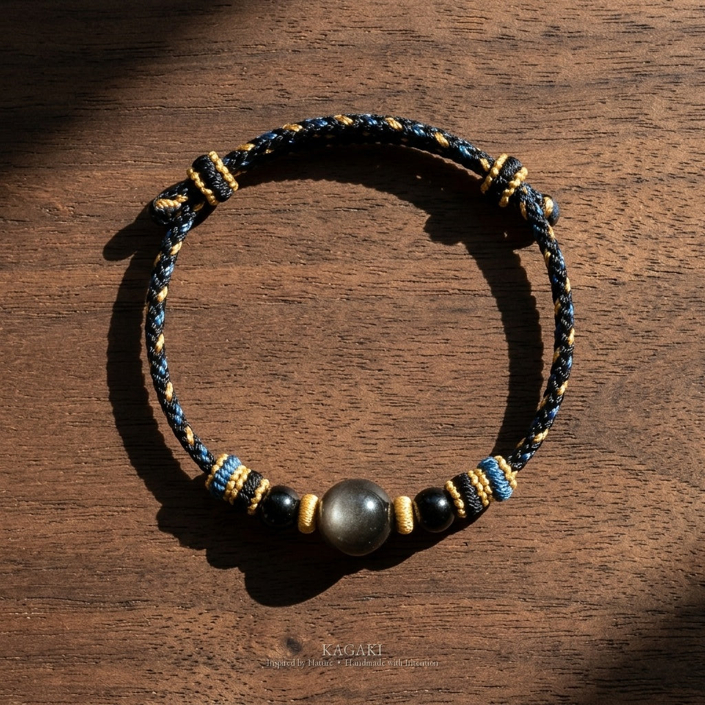 KAGAKI Ink black obsidian braided cord bracelet, studio styled view, handmade black obsidian bracelet