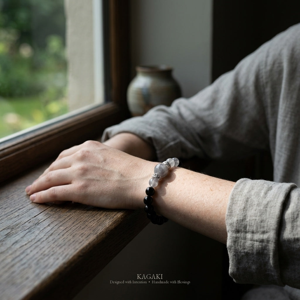 KAGAKI Storm black onyx grey quartz two tone bracelet, worn view, handmade black onyx bracelet