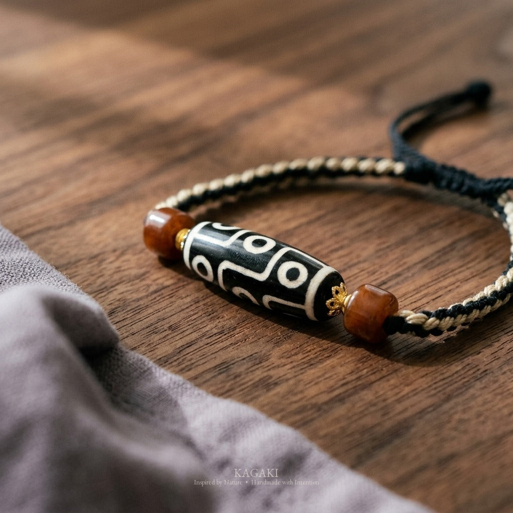 KAGAKI handmade Tibetan-inspired nine-eye Dzi-style cord bracelet — Vigil – 守 — editorial-detail (3/11)