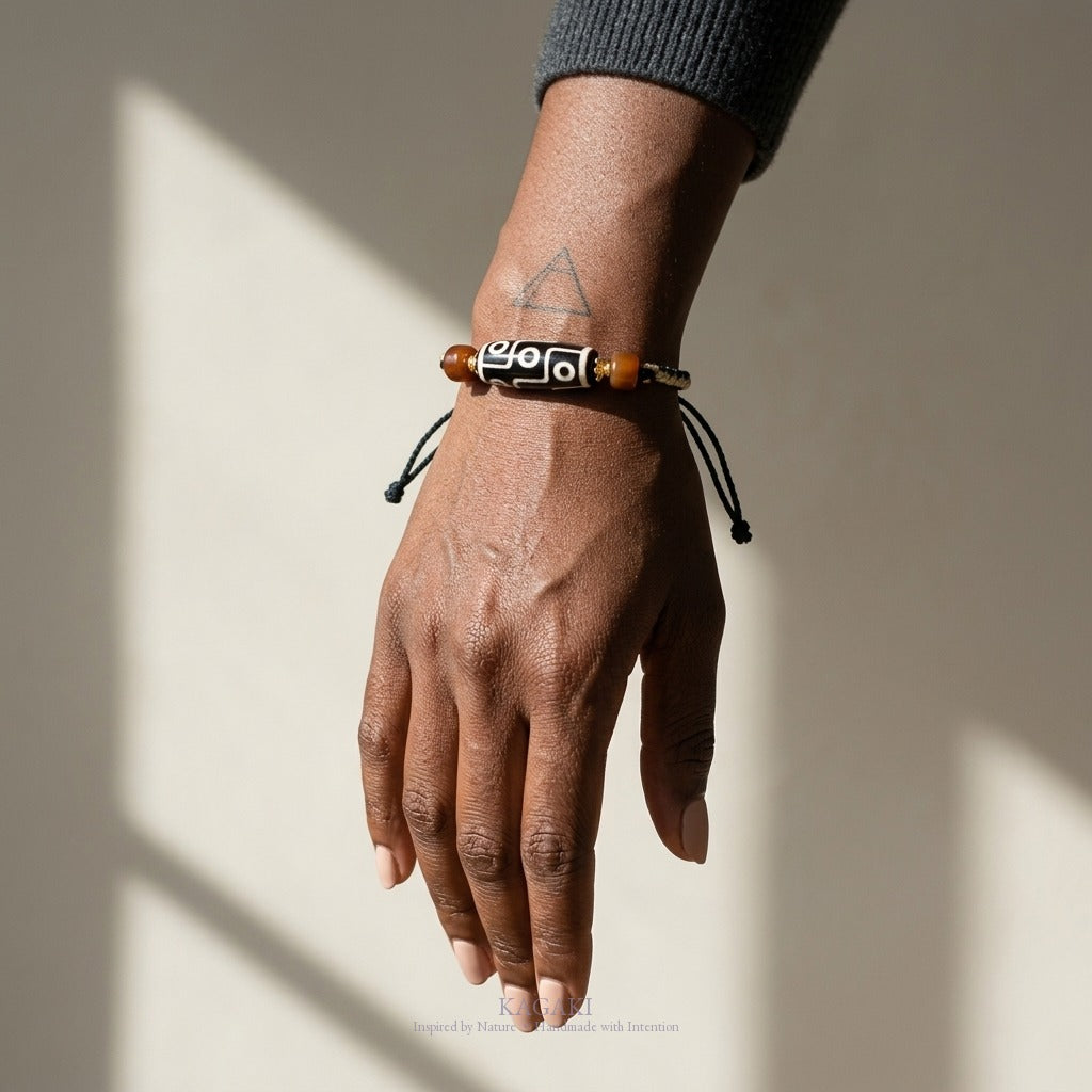 KAGAKI handmade Tibetan-inspired nine-eye Dzi-style cord bracelet — Vigil – 守 — on-wrist-luxury (4/11)