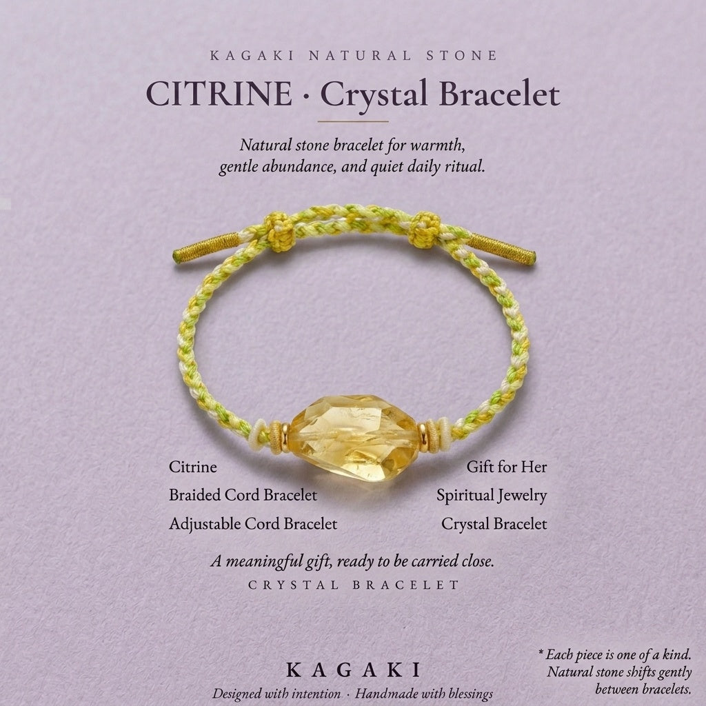 KAGAKI Honey raw citrine crystal tibetan cord bracelet, editorial text card, handmade citrine bracelet