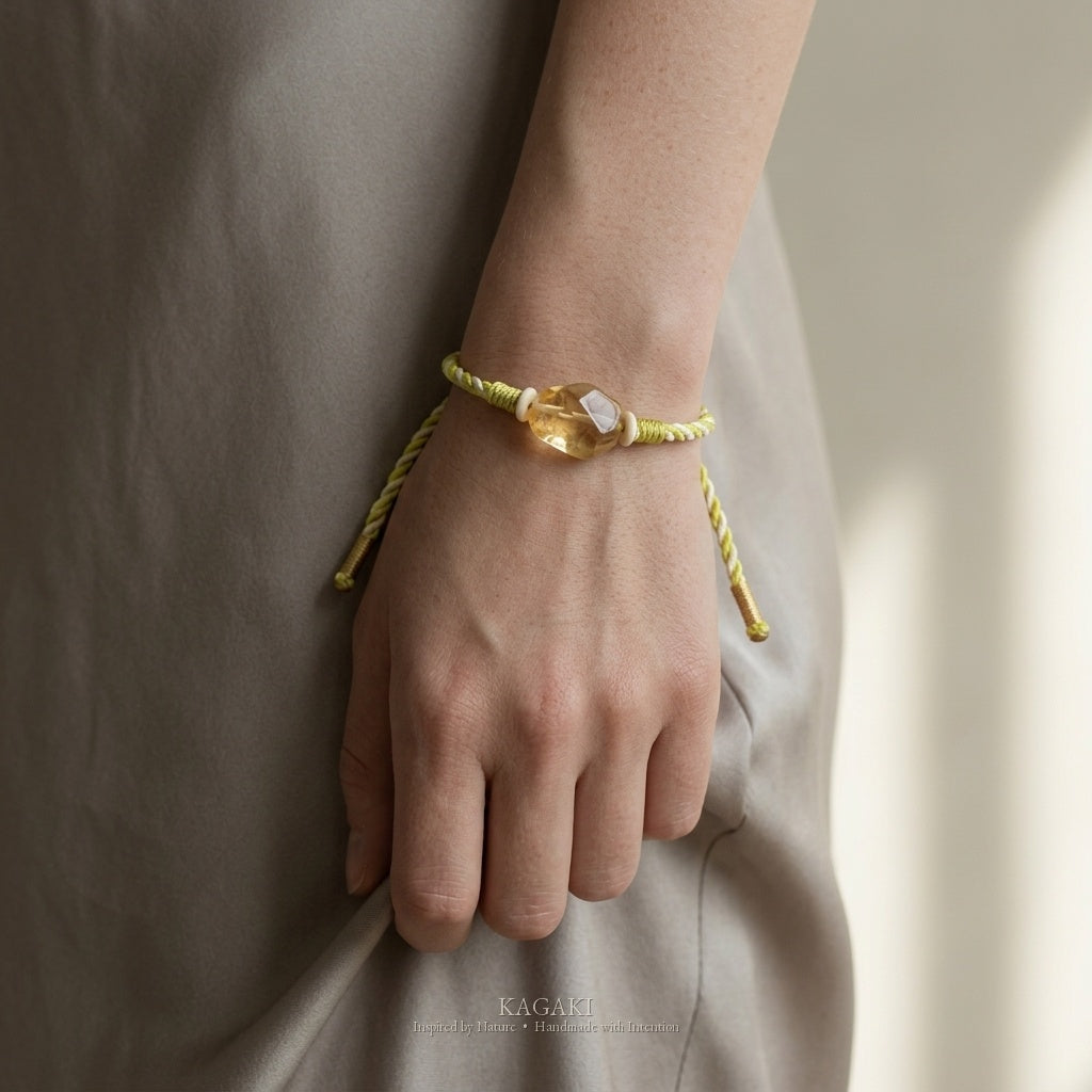 KAGAKI Honey raw citrine crystal tibetan cord bracelet, worn on wrist, handmade citrine bracelet