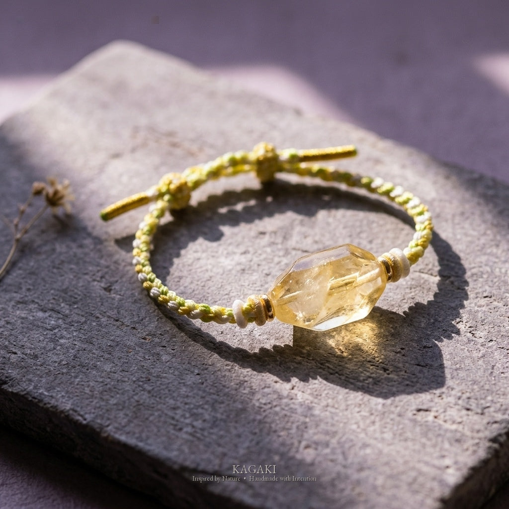 KAGAKI Honey raw citrine crystal tibetan cord bracelet, studio styled view, handmade citrine bracelet