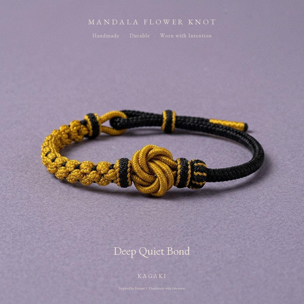KAGAKI Onyx Ink and Mustard deep tone mandala relationship cord, product view, handmade cord bracelet gift