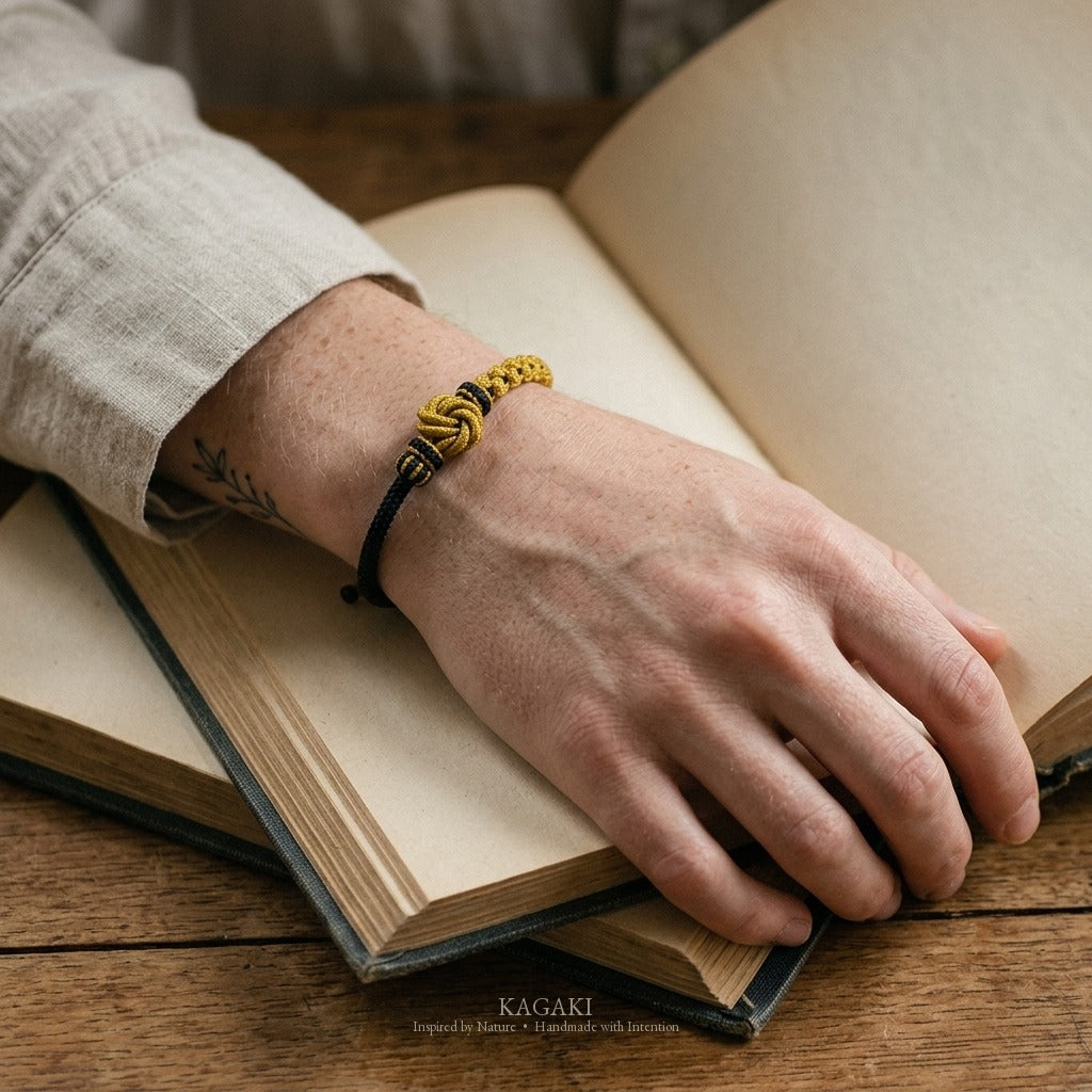 KAGAKI Onyx Ink and Mustard deep tone mandala relationship cord, wrist view, handmade cord bracelet gift
