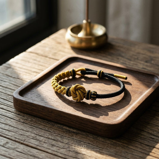 KAGAKI Onyx Ink and Mustard deep tone mandala relationship cord, studio view, handmade cord bracelet gift