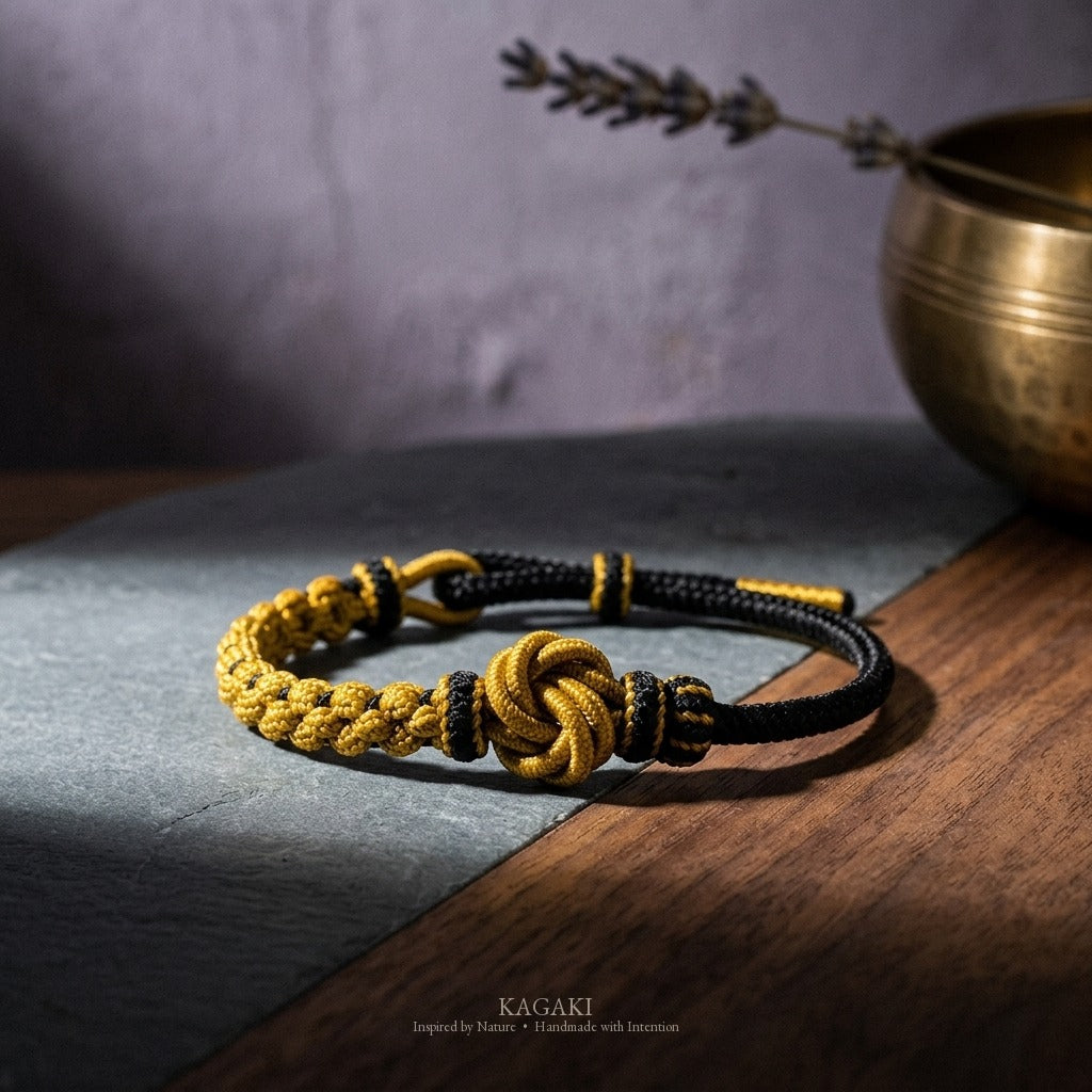 KAGAKI Onyx Ink and Mustard deep tone mandala relationship cord, studio view, handmade cord bracelet gift