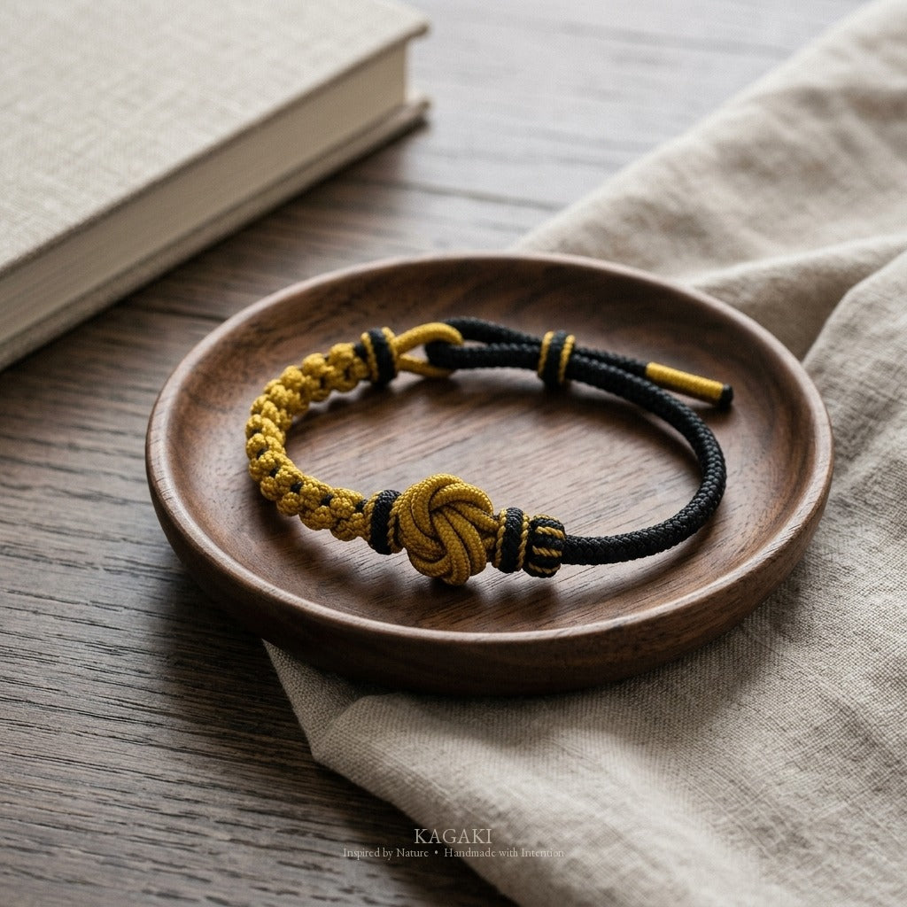 KAGAKI Onyx Ink and Mustard deep tone mandala relationship cord, studio view, handmade cord bracelet gift
