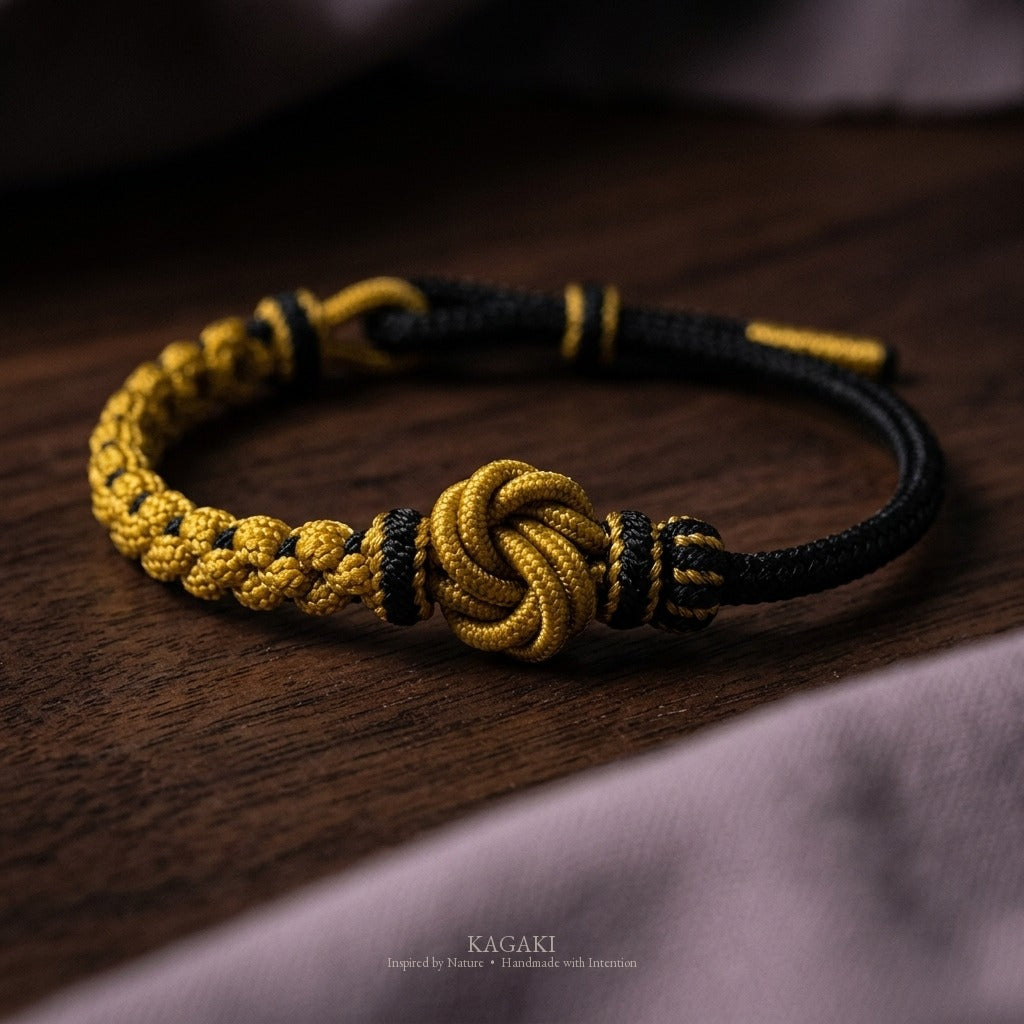 KAGAKI Onyx Ink and Mustard deep tone mandala relationship cord, studio view, handmade cord bracelet gift