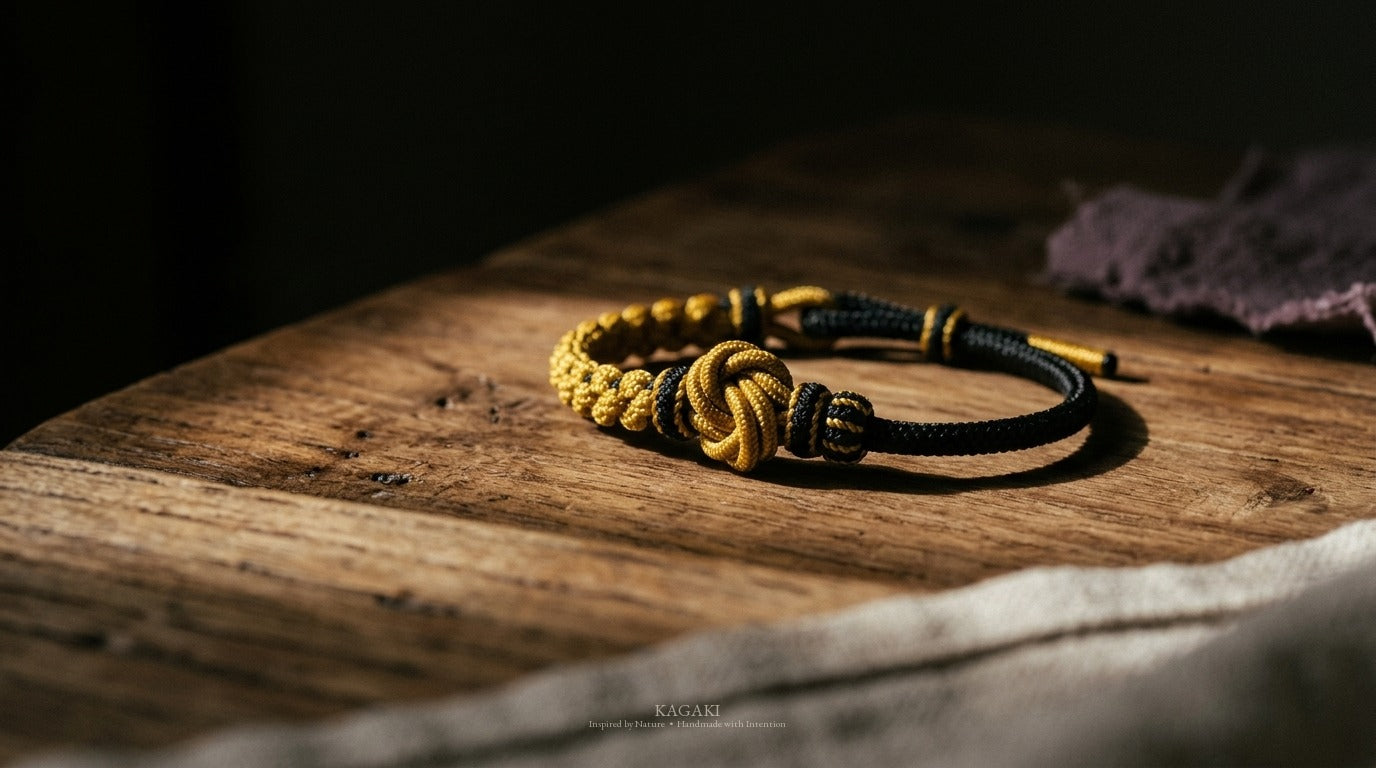 KAGAKI Onyx deep tone mandala relationship cord, product view, handmade cord bracelet gift