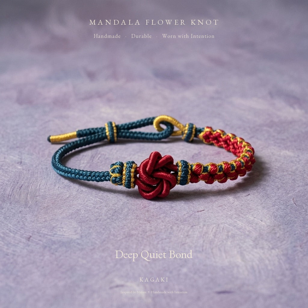 KAGAKI Onyx Navy and Crimson deep tone mandala relationship cord, product view, handmade cord bracelet gift